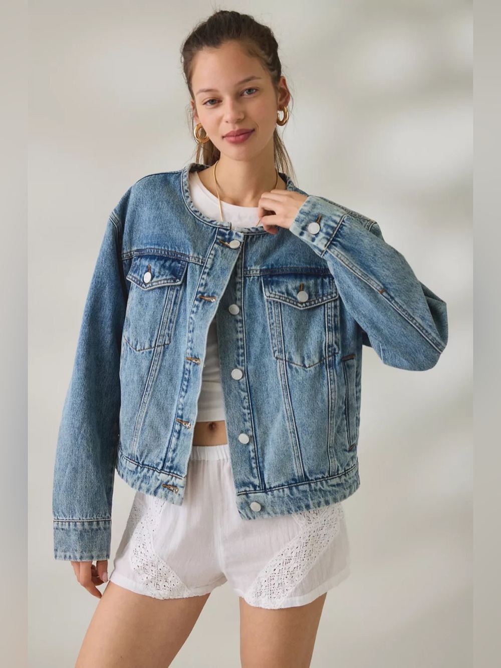 BLANKNYC Heads Up Collarless Oversized Denim Jacket